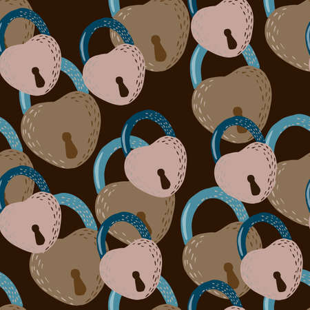 Pink and beige colored lock silhouettes in heart shapes seamless doodle pattern. Stylized vintage print with black background. For wallpaper, textile, wrapping paper, fabric print. Vector illustrationのイラスト素材