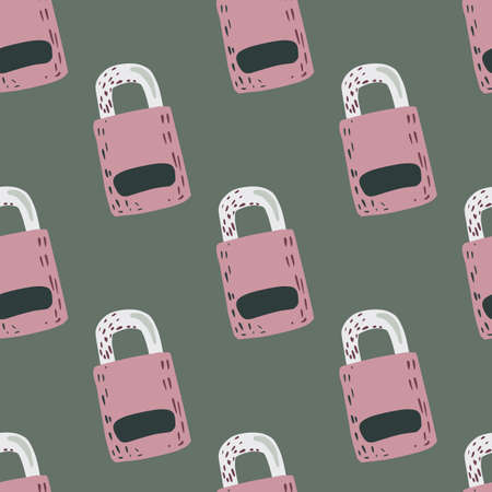 Doodle seamless secret pattern with hand drawn lock shapes. Security design print in pink tones on green pale background. Backdrop for wallpaper, textile, wrapping, fabric print. Vector illustrationのイラスト素材