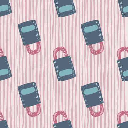 Pastel palette seamless doodle pattern with lock door ornament. Blue and pink colored secret elements on stripped background. For wallpaper, textile, wrapping paper, fabric print. Vector illustrationのイラスト素材