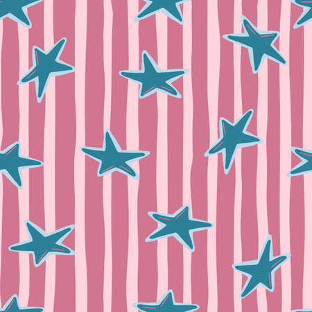 Seamless random pattern with blue simple star silhouettes. Pink stripped background. Cosmic shapes stylized artwork. Great for wallpaper, textile, wrapping paper, fabric print. Vector illustration.のイラスト素材