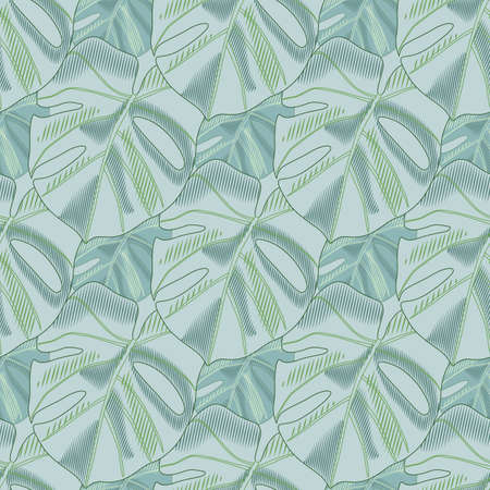 Pastel palette creative seamless floral pattern with monstera leaves shapes. Soft blue tones floral...