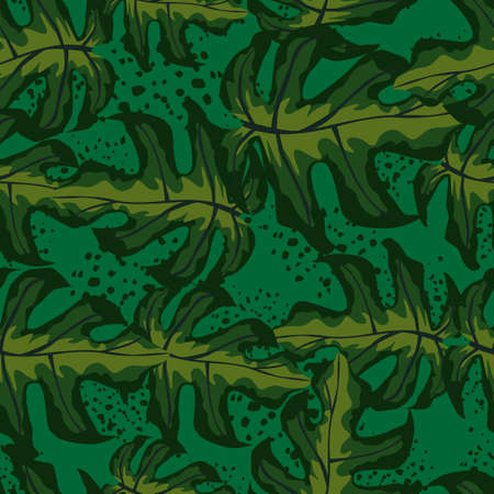 Random dark seamless pattern with botanic monstera elements. Green tones artwork. Background with splashes. Decorative backdrop for fabric design, textile print, wrapping, cover. Vector illustrationのイラスト素材