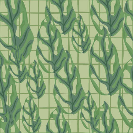 Random seamless pattern with marble monstera leaves ornament. Green tones foliage on checkred background. Perfect for fabric design, textile print, wrapping, cover. Vector illustrationのイラスト素材