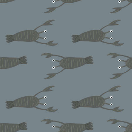 Dark ocean seamless food pattern with lobster shapes. Gray marine animal ornament on navy blue background. Great for fabric design, textile print, wrapping, cover. Vector illustration.のイラスト素材