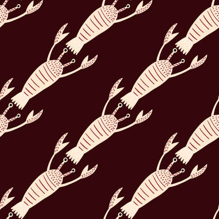 Seamless contrast pattern with light marine lobster ornament. Diagonal seafood shapes on dark brown background. Designed for fabric design, textile print, wrapping, cover. Vector illustration.のイラスト素材