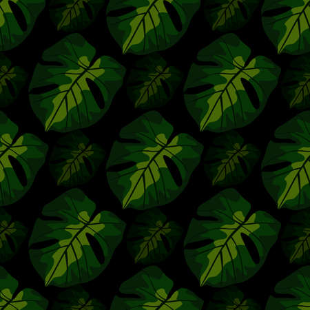 Dark seamless pattern with green monstera shapes. Black background. Houseplant palm artwork. Decorative backdrop for fabric design, textile print, wrapping, cover. Vector illustrationのイラスト素材