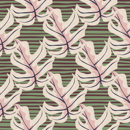 Pastel lilac seamless doodle pattern with creative monstera abstract leaves. Green and brown striped...