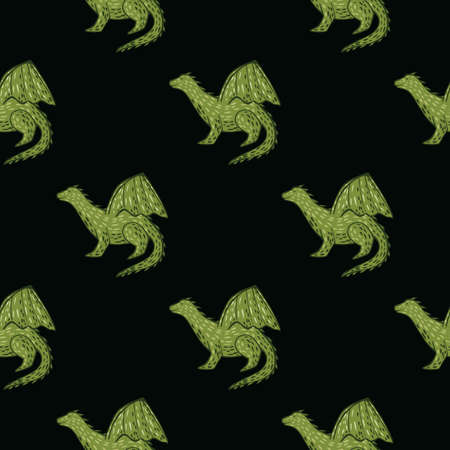 Green dragon silhouettes on black background seamless pattern. Simple design. Decorative backdrop for fabric design, textile print, wrapping, cover. Vector illustration.のイラスト素材
