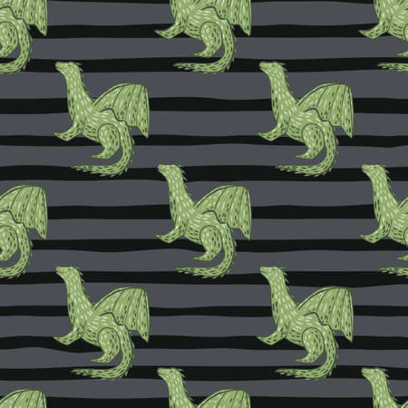 Green contoured dragon shapes ornament seamless pattern. Black and gray striped background. Decorative backdrop for fabric design, textile print, wrapping, cover. Vector illustration.のイラスト素材