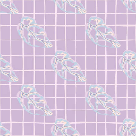 Creative pastel seamless pattern with diagonal monstera elements. Lilac checkered background. Nature print. Perfect for fabric design, textile print, wrapping, cover. Vector illustrationのイラスト素材