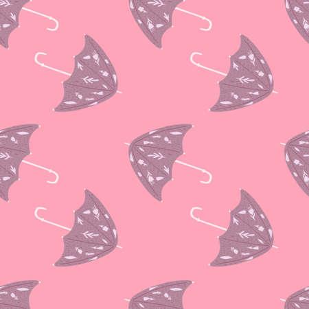 Pastel purple seamless pattern with doodle umbrella silhouettes. Pink background. Designed for fabric design, textile print, wrapping, cover. Vector illustration.のイラスト素材