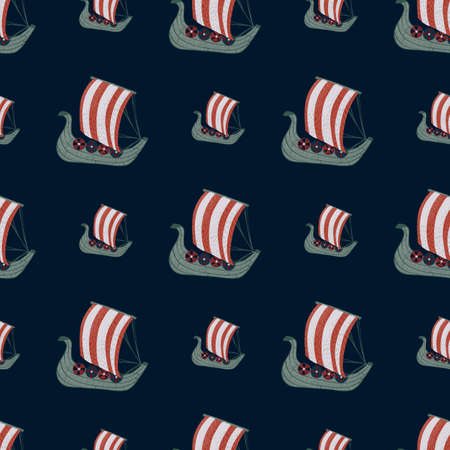 Dark marine seamless pattern with ships silhouettes. Historical sea transort artwork with navy blue background. Designed for fabric design, textile print, wrapping, cover. Vector illustration.のイラスト素材