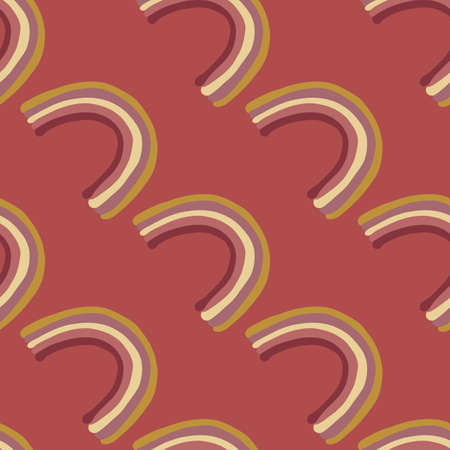 Abstract nordic seamless pattern with rainbow silhouettes. Childish print on maroon background. Sweet dream print. For fabric design, textile print, wrapping, cover. Vector illustration.のイラスト素材