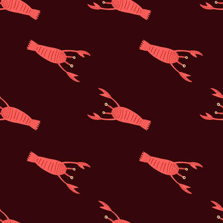 Contrast red lobster seamless pattern. Doodle aquatic animal print with dark brown background. Simple backdrop. Designed for fabric design, textile print, wrapping, cover. Vector illustration.のイラスト素材