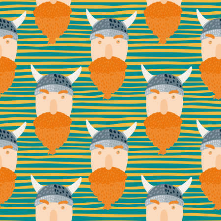 Seamless scandi stylized ancient pattern with viking character faces. Medieval print on striped background. Designed for fabric design, textile print, wrapping, cover. Vector illustration.のイラスト素材