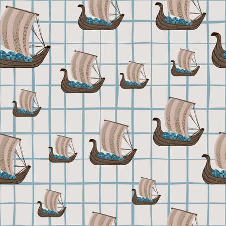 Seamless random ships silhouettes beige ornament. Travel print on checkered pastel gray background. Designed for fabric design, textile print, wrapping, cover. Vector illustration.のイラスト素材