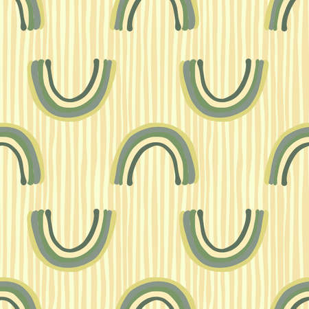 Pastel green rainbow silhouettes seamless doodle pattern. Simple print in scandinavian style with beige striped background. Perfect for fabric design, textile print, wrapping, cover.のイラスト素材