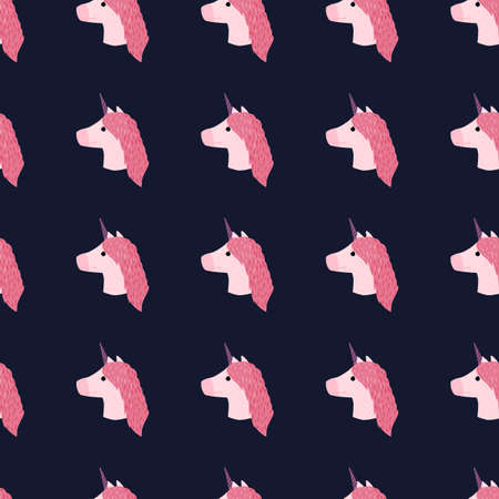 Contrast seamless pattern with simple pink unicorn faces. Fairytale horse ornament on dark navy blue background. Designed for fabric design, textile print, wrapping, cover. Vector illustration.のイラスト素材