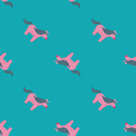 Cartoon seamless sweet pattern with childish pink unicorn silhouettes. Turquose bright background. Perfect for fabric design, textile print, wrapping, cover. Vector illustration.のイラスト素材