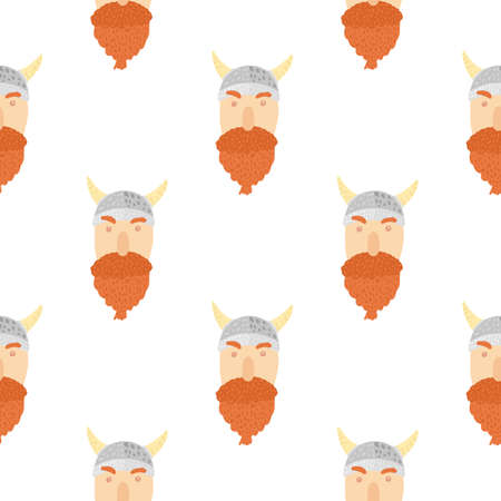 Isolated doodle Viking face ornament seamless pattern. White background. Norway mans with an orange beard. Designed for fabric design, textile print, wrapping, cover illustration.のイラスト素材
