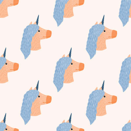 Isolated seamless pattern with magical unicorn silhouettes. Blue and beige colored horse silhouettes on white background. Designed for fabric design, textile, wrapping, cover. Vector illustration.のイラスト素材