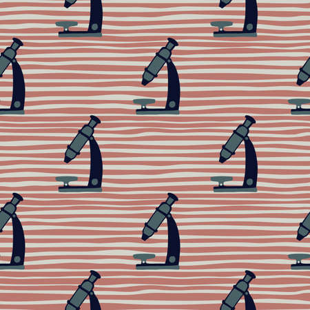 Dak navy blue scopes silhouettes seamless pattern. Doodle labaratory equipment on striped maroon...