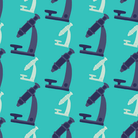 Microcope simple ornament seamless doodle pattern. Hand drawn labaratory equipment artwork in blue...