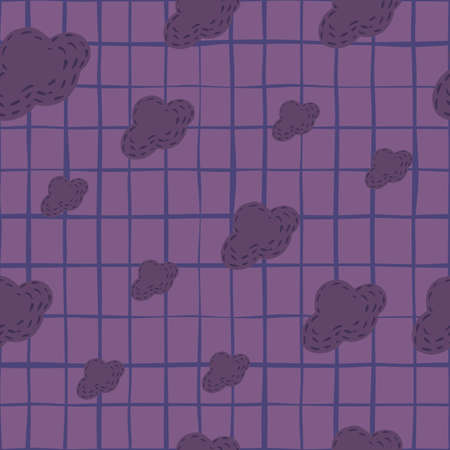 Random seamless doodle pattern with clouds ornament in dark colors palette. Purple shapes on chequered background.のイラスト素材
