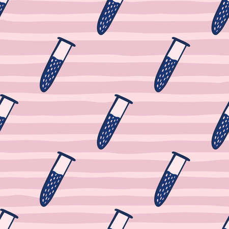 Science seamless doodle pattern with navy blue flask silhouettes. Chemical school lab print with pink striped background. Great for fabric design, textile print, wrapping, cover. Vector illustration.のイラスト素材