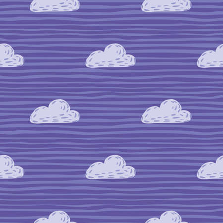 Doodle seamless pattern with light tones clouds silhouettes. Weather print with blue striped background. Perfect for fabric design, textile print, wrapping, cover. Vector illustration.のイラスト素材