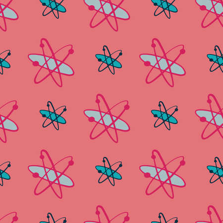 Bright seamless pattern with formula molecules shapes. Simple blue tones atoms on pink background. Decorative backdrop for fabric design, textile print, wrapping, cover. Vector illustration.のイラスト素材