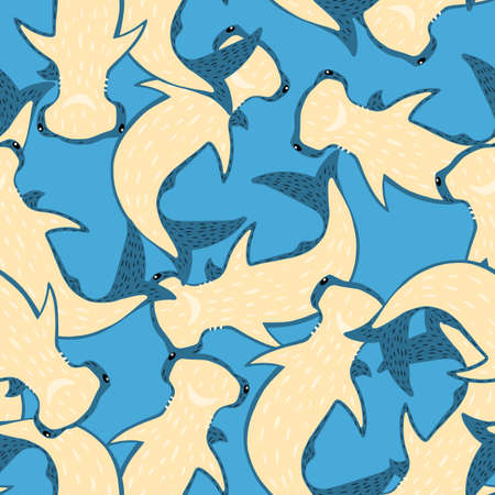 Random seamless bright marine pattern with hammerhead sharks. Blue background. Decorative backdrop for fabric design, textile print, wrapping, cover. Vector illustration.のイラスト素材