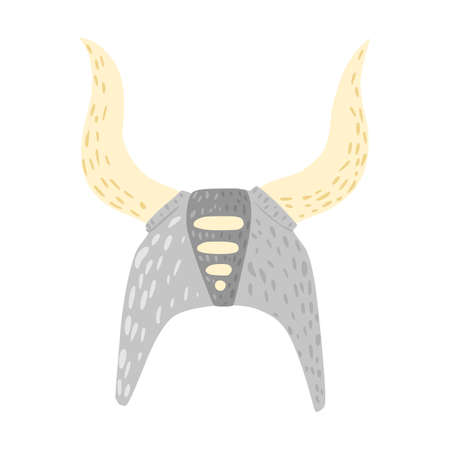 Long helmet with big horns isolated on white background. Cartoon cute weapon of viking in doodle style vector illustration.のイラスト素材