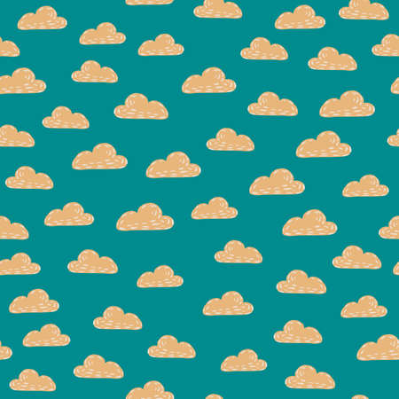 Little beige clouds silhouettes seamless doodle pattern. Weather print with turquoise background. Perfect for fabric design, textile print, wrapping, cover. Vector illustration.のイラスト素材