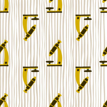 Creative seamless educatiom pattern with scope simple shapes. Bright yellow medicine ornament on striped gray background. For wallpaper, textile, wrapping paper, fabric print. Vector illustration.のイラスト素材