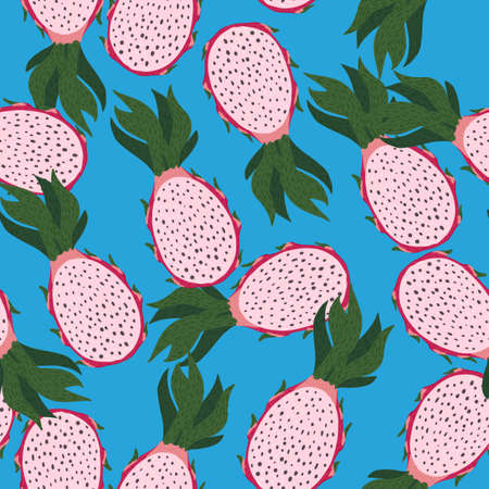 Pink pitayas seamless random pattern. Blue background. Bright contrast summer viramin backdrop. Perfect for fabric design, textile print, wrapping, cover. Vector illustration.のイラスト素材