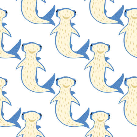 Seamless isolated pattern with cartoon hammerhea sharks. Cute underwater animals in blue color. Decorative backdrop for fabric design, textile print, wrapping, cover. Vector illustration.のイラスト素材