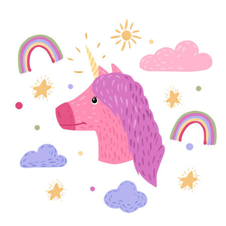 Composition head unicorn on white background. Cartoon cute character unicorn, rainbow, sun, star, cloud in doodle vector illustration.のイラスト素材