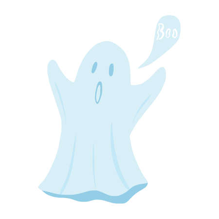 Ghost floating with hands isolated on white background. Cartoon cute phantom in style doodle vector illustration.のイラスト素材