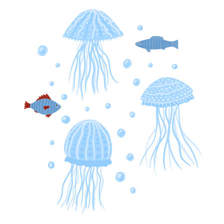 Composition jellyfish and fish on white background. Cartoon cute fauna with bubble in doodle vector illustration.のイラスト素材