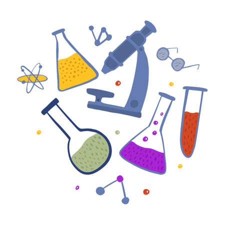 Composition chemical laboratory equipment on white background. Abstract medical atom, microscope,...