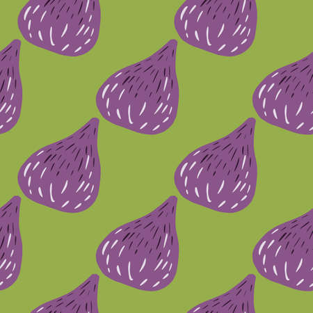 Tropical seamless doodle pattern with purple fig abstract shapes. Food print with green background. Designed for fabric design, textile print, wrapping, cover. Vector illustration.のイラスト素材