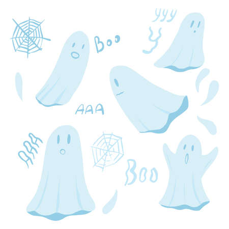 Set ghost on white background. Cartoon cute spirit, web, boo in style doodle vector illustration.のイラスト素材