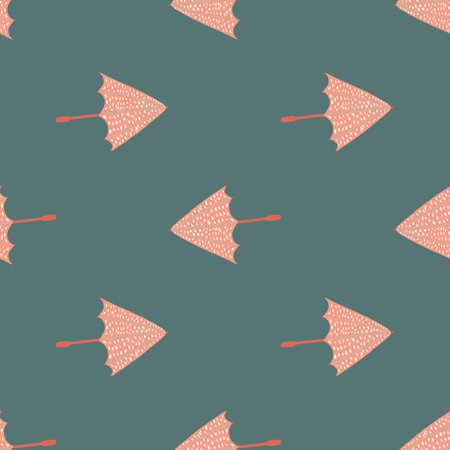 Pink umbrella hand drawn silhouettes seamless pattern. Dark pale turquoise background. Decorative backdrop for fabric design, textile print, wrapping, cover. Vector illustration.のイラスト素材