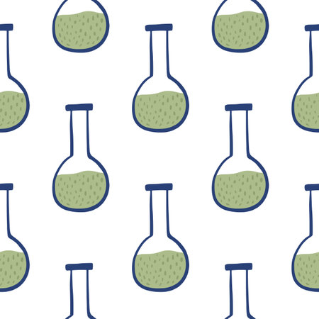 Isolated chemistry seamless doodle pattern with flask ornament. Green liquid and white background. Great for fabric design, textile print, wrapping, cover. Vector illustration.のイラスト素材