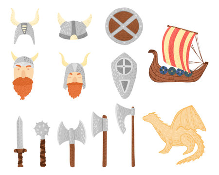 Set vikings in helmet on white background. Cartoon cute vikings, dragon, shield, sword, armor, ax, Drakkar in doodle vector illustration.のイラスト素材