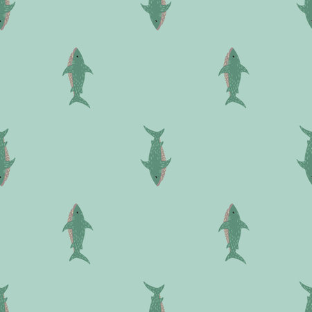 Minimalistic seamless doodle pattern with shark elements. Green little fishes on light pastel background. Decorative backdrop for fabric design, textile print, wrapping, cover. Vector illustration.のイラスト素材