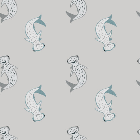Minimalistic seamless doodle pattern with ocean hammerhead sharks ornament. Gray background. Decorative backdrop for fabric design, textile print, wrapping, cover. Vector illustration.のイラスト素材