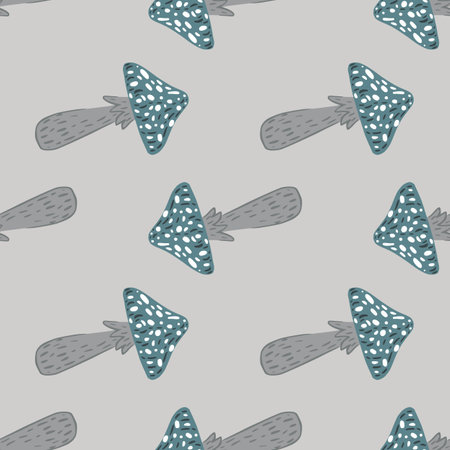 Pale seamless pattern with nature mushroom hand drawn print. Gray and blue colored artwork. Decorative backdrop for fabric design, textile print, wrapping, cover. Vector illustration.のイラスト素材