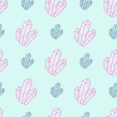 Decorative seamless pattern with simple outline crystal elements. Light turquoise background. Designed for fabric design, textile print, wrapping, cover. Vector illustration.のイラスト素材